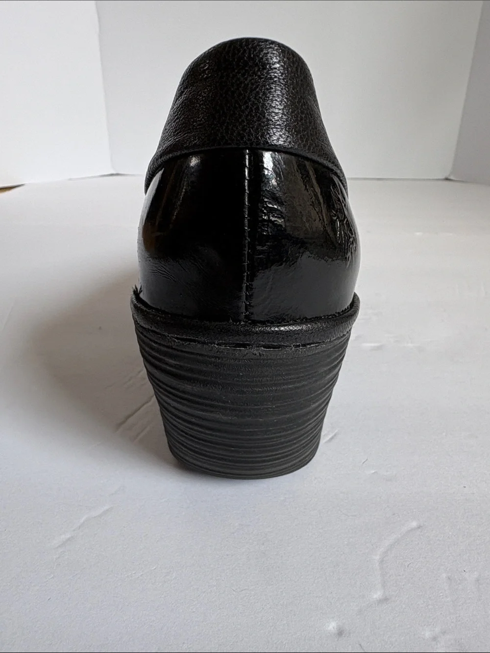Fly London Yoko wedge pump black patent leather textured matte leather platform